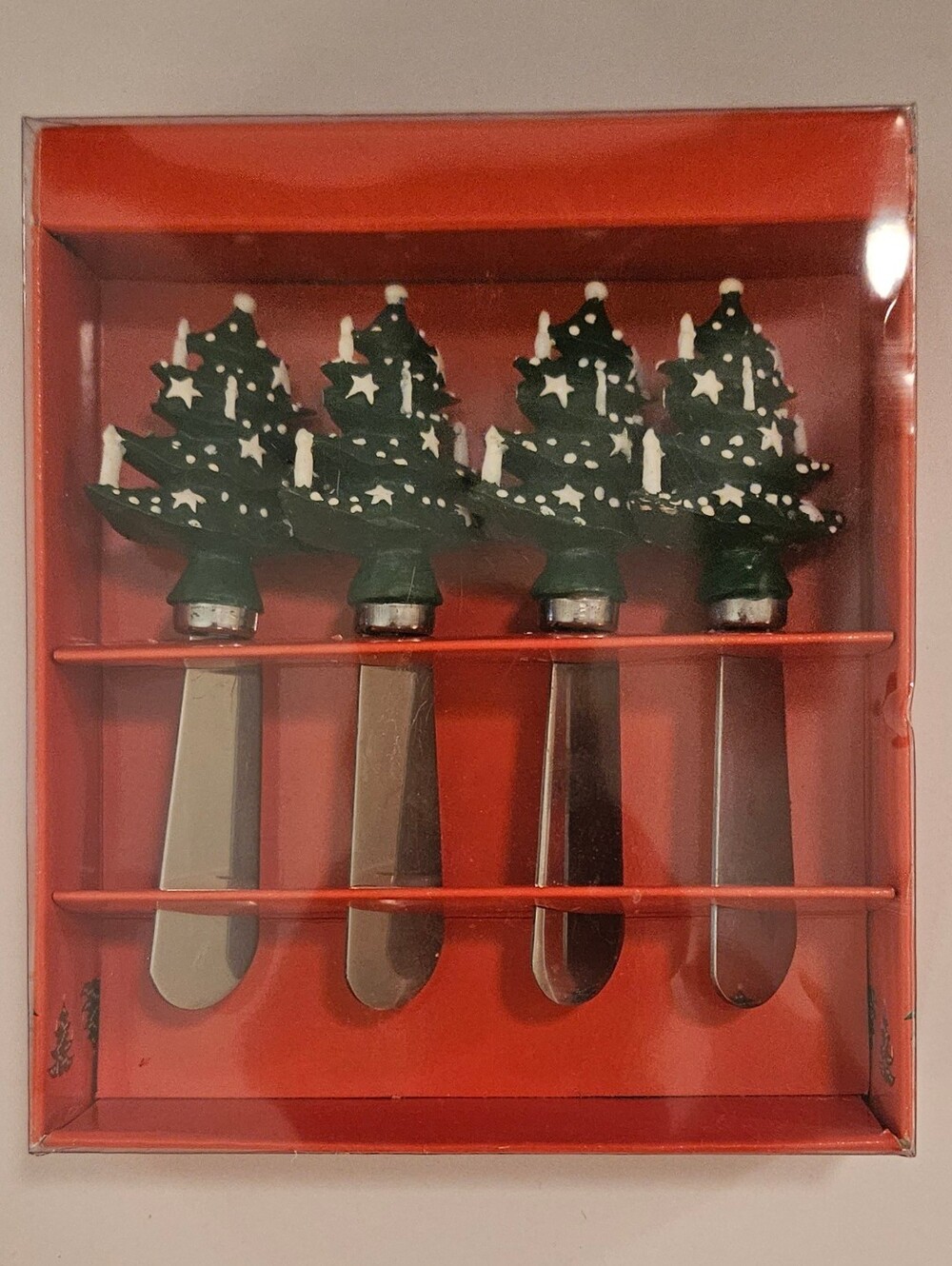 Waechtersbach Christmas Tree Cheese Spreaders- 4pc Ceramic Stainless Charcuterie
